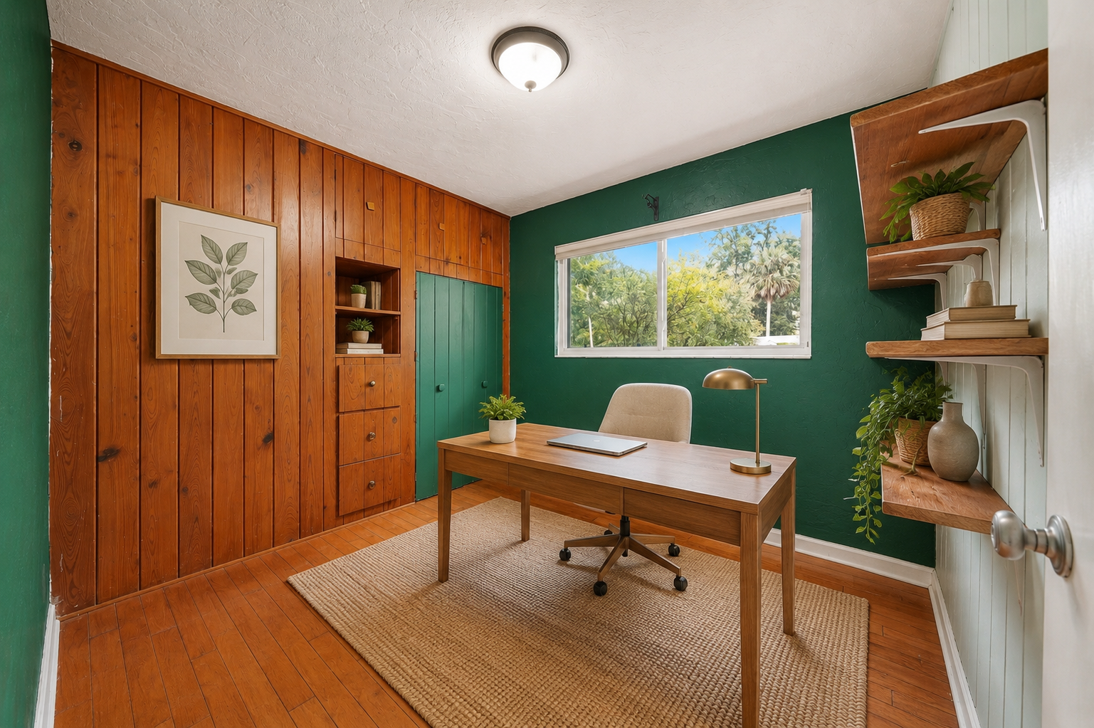Home office with wood paneling and built-ins at 2002 NE 7th St