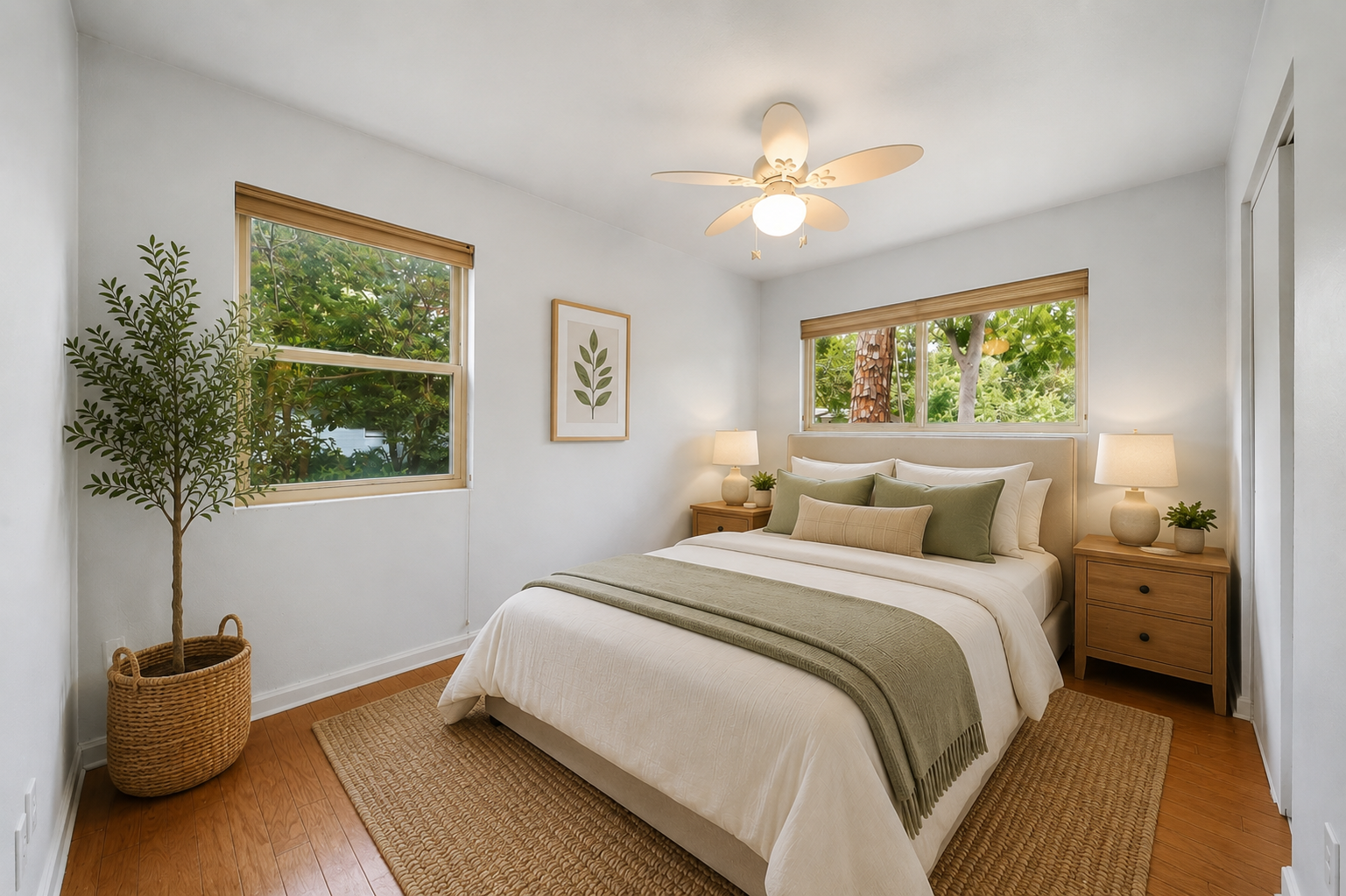 Guest bedroom with neutral bedding at 2002 NE 7th St