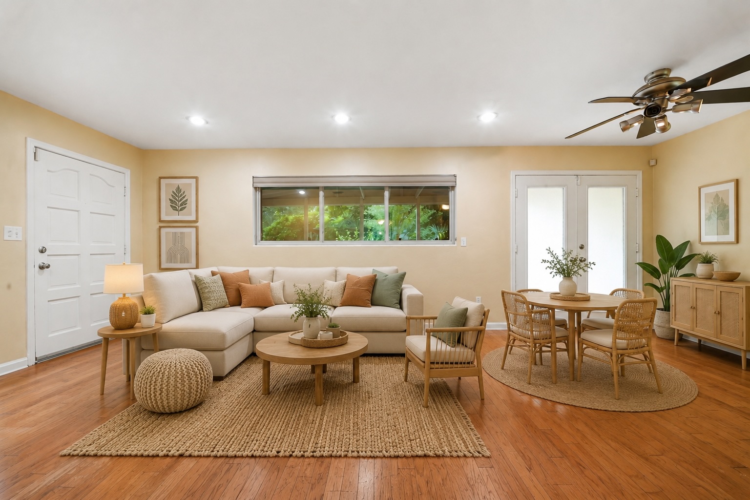 Bright living room with sofa and French doors at 2002 NE 7th St